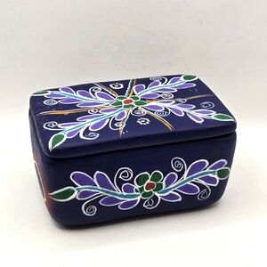 Mexican Folk Art Pottery Small Trinket Box Blue Floral Muti Color Vintage